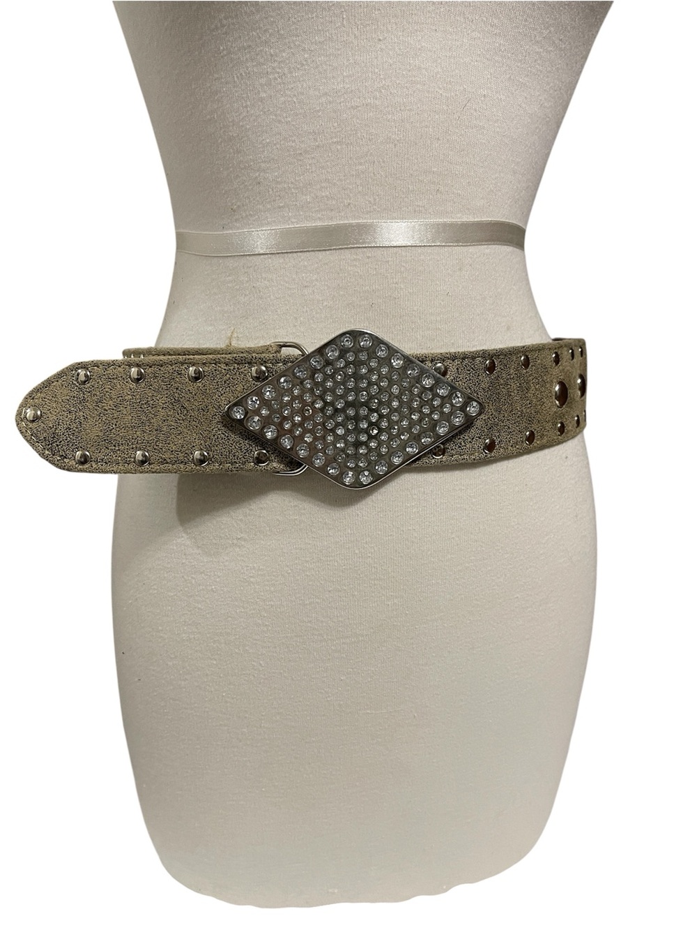Faux Suede Studded Rhinestone Diamond Buckle Belt